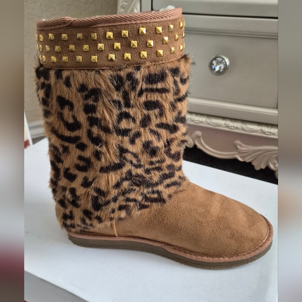 JustFab Brown Leopard Print Boots with Gold Studs